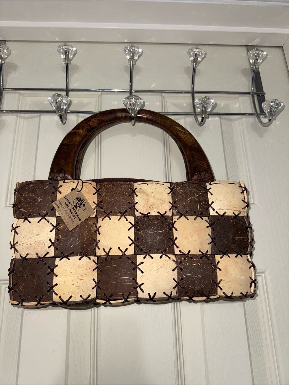 New with Tags Handcrafted Brown and Cream Coconut Checkered Women's Bag